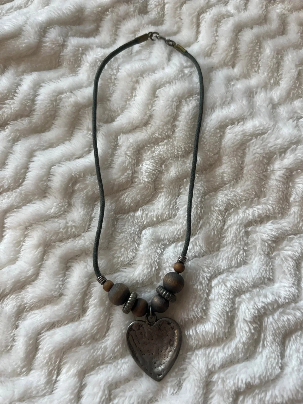 Vintage Heart Pendant Wood Bead Necklace